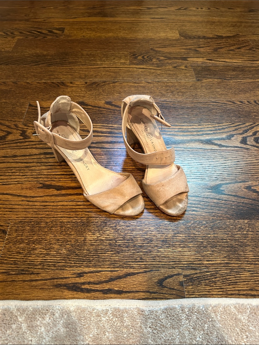 Chinese Laundry Women’s Ankle Strap Block Heel Sandals in Nude